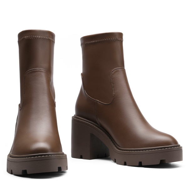 Elastic Chunky Heel Lug Sole Booties - BROWN PU - 4